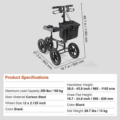 Folding Knee Walker Scooter with Carbon Steel Frame, Air Tires, and Dual Rear Brakes