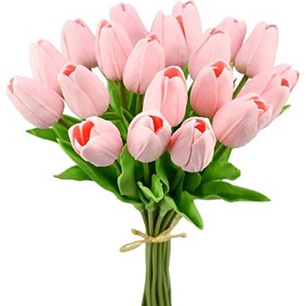 Artificial Tulips 20 Stems Light Pink PU Faux Flowers for Valentine's Day and New Year 13.5 Inch