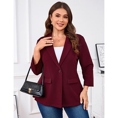Womens Plus Size Button Front Collared Blazers Long Sleeve Business Office Work Jacket with Pockets