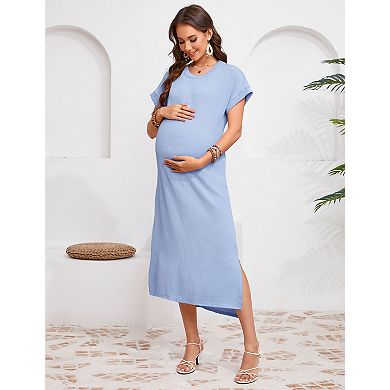 Women's Maternity Crewneck Short Sleeve Midi Dress Side Slit Pregnancy Outfit