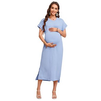 Women's Maternity Crewneck Short Sleeve Midi Dress Side Slit Pregnancy Outfit