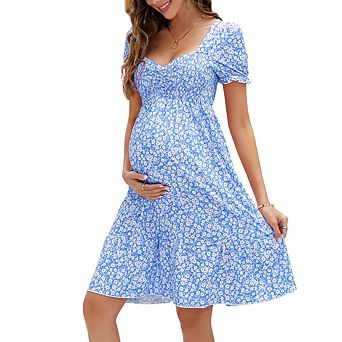 Women A Line Maternity Dress V Neck Short Sleeve Boho Flowy Midi for Wedding Guest