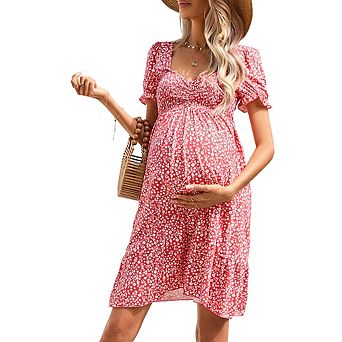 Women A Line Maternity Dress V Neck Short Sleeve Boho Flowy Midi for Wedding Guest
