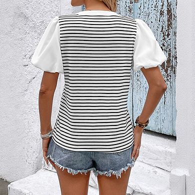 Women's Casual Patchwork Bubble Sleeve Top Short Sleeve Striped T-Shirt