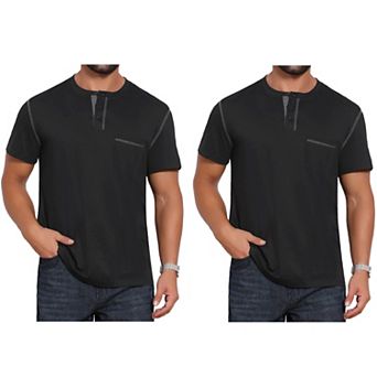 2 Packs Men's Henley Shirt Crew Neck with Pocket Short Sleeve Button Down T-Shirt