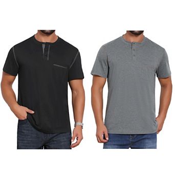 2 Packs Men's Henley Shirt Crew Neck with Pocket Short Sleeve Button Down T-Shirt