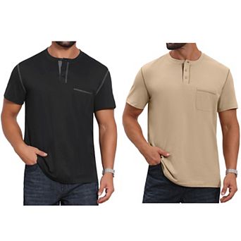 2 Packs Men's Henley Shirt Crew Neck with Pocket Short Sleeve Button Down T-Shirt