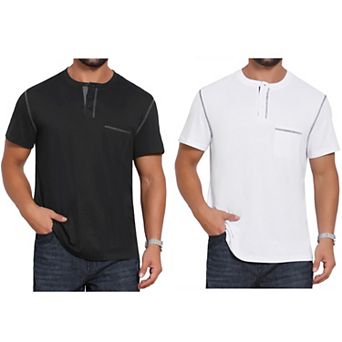 2 Packs Men's Henley Shirt Crew Neck with Pocket Short Sleeve Button Down T-Shirt