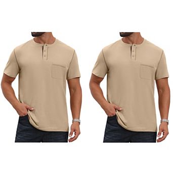 2 Packs Men's Henley Shirt Crew Neck with Pocket Short Sleeve Button Down T-Shirt