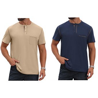 2 Packs Men's Henley Shirt Crew Neck with Pocket Short Sleeve Button Down T-Shirt