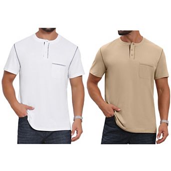 2 Packs Men's Henley Shirt Crew Neck with Pocket Short Sleeve Button Down T-Shirt