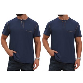 2 Packs Men's Henley Shirt Crew Neck with Pocket Short Sleeve Button Down T-Shirt