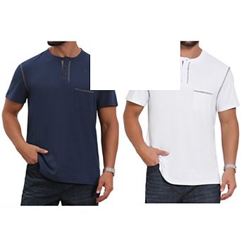 2 Packs Men's Henley Shirt Crew Neck with Pocket Short Sleeve Button Down T-Shirt