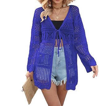 Women Hollow Out Tie Front Cardigan Lightweight Knit Coverup for Swimwear Beach