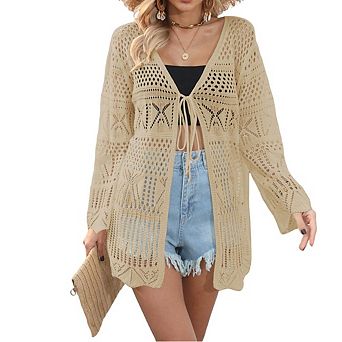 Women Hollow Out Tie Front Cardigan Lightweight Knit Coverup for Swimwear Beach