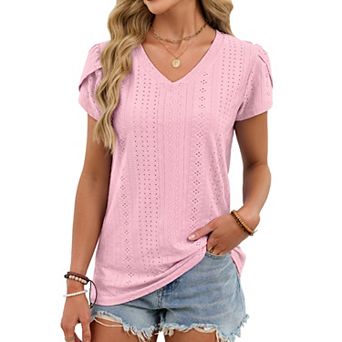 Trendy Petal Sleeve V Neck Blouse Women's Solid Color Loose Fit Summer Tops for Fashion Outfits