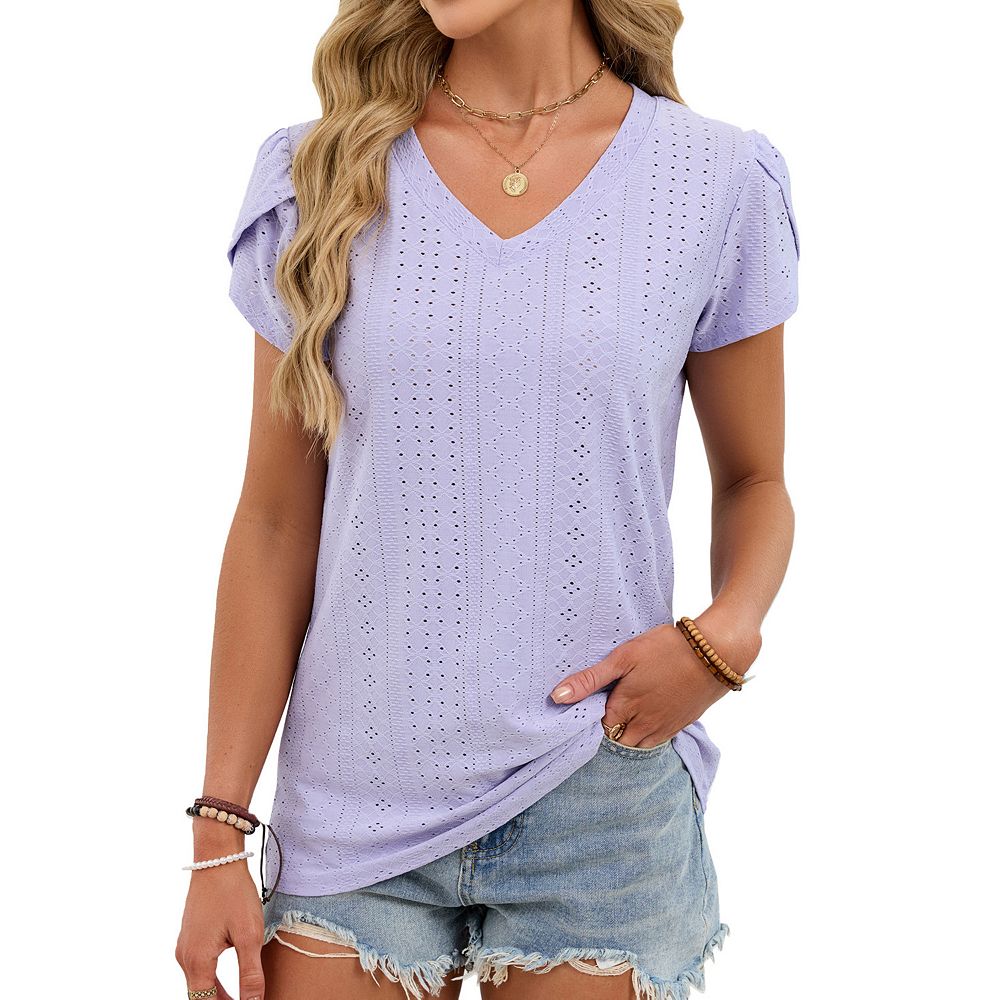 Trendy Petal Sleeve V Neck Blouse Women's Solid Color Loose Fit Summer ...