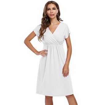 Women High Waist A Line Swing Midi Dress Short Sleeve Casual Dress with Pockets