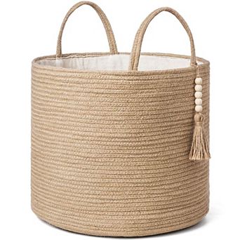Woven storage basket with rope and wooden bead handles; suitable for storing toys and clothing.