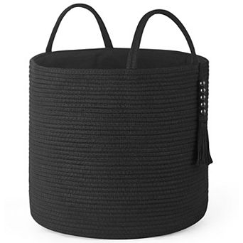 Woven storage basket with rope and wooden bead handles; suitable for storing toys and clothing.