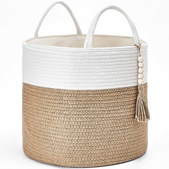 Woven storage basket with rope and wooden bead handles; suitable for storing toys and clothing.