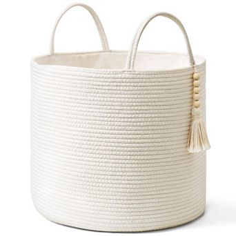 Woven storage basket with rope and wooden bead handles; suitable for storing toys and clothing.