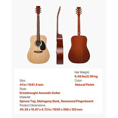 Starter Acoustic Guitar Bundle, Dreadnought Guitar with Tuner and Backpack Style Bag