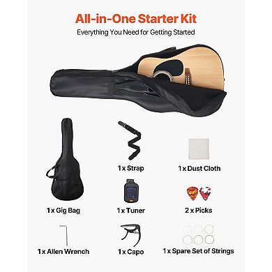 Starter Acoustic Guitar Bundle, Dreadnought Guitar with Tuner and Backpack Style Bag