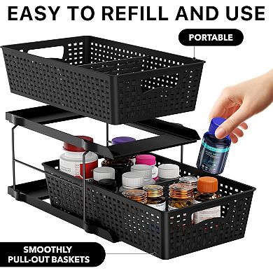 2 Tier Bathroom Organizer Tray Pull-Out Sliding Drawer, Under Sink Storage, Black