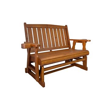 Wooden Patio Glider, with Cup Holders, High Back and Deep Contoured Seat, Solid Fir Wood