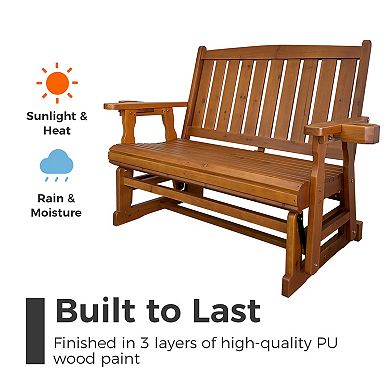 Wooden Patio Glider, with Cup Holders, High Back and Deep Contoured Seat, Solid Fir Wood, (2-Seater)