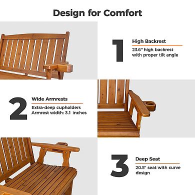 Wooden Patio Glider, with Cup Holders, High Back and Deep Contoured Seat, Solid Fir Wood, (2-Seater)