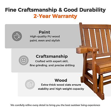 Wooden Patio Glider, with Cup Holders, High Back and Deep Contoured Seat, Solid Fir Wood, (2-Seater)