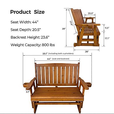 Wooden Patio Glider, with Cup Holders, High Back and Deep Contoured Seat, Solid Fir Wood, (2-Seater)