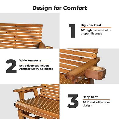 Patio Glider with Cup Holders, High Roll Back and Deep Contoured Seat, 3-Seater, Heavy Duty 800 Lb