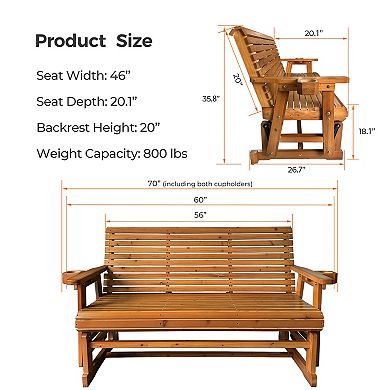 Patio Glider with Cup Holders, High Roll Back and Deep Contoured Seat, 3-Seater, Heavy Duty 800 Lb
