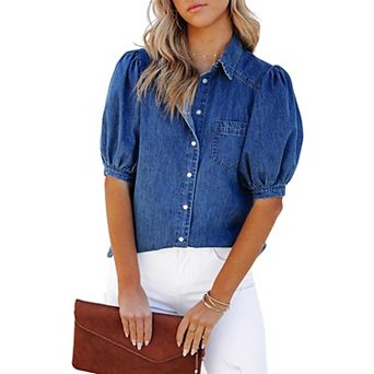 Puff Sleeve Denim Tops for Women Casual Blouses for All-Day Comfort