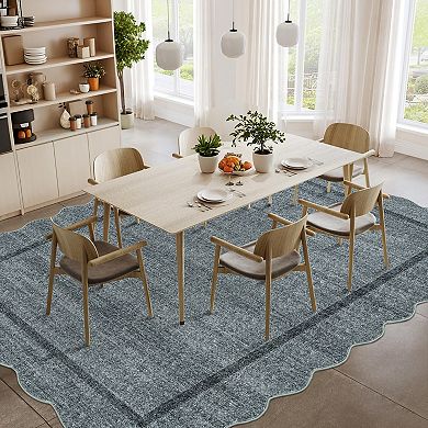 Modern Bordered Area Rug Machine Washable Low Pile Pet Friendly Ultra Thin Carpet for Kid's Room