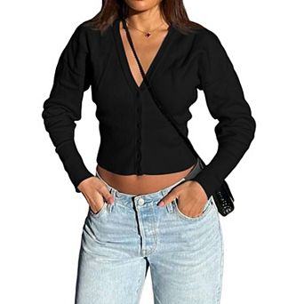 Women's Cropped V-Neck Button Down Cardigan Long Sleeve Ribbed Knit Crop Top