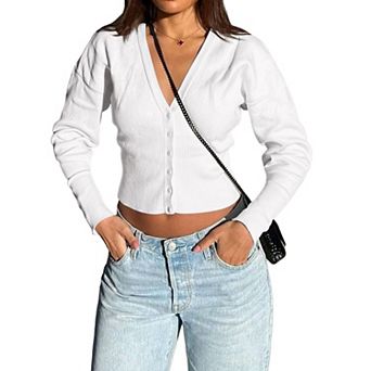 Women's Cropped V-Neck Button Down Cardigan Long Sleeve Ribbed Knit Crop Top