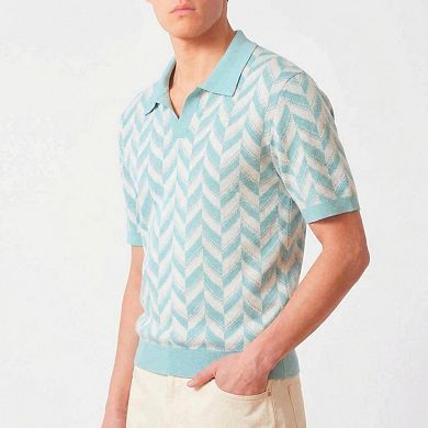 Mens V Neck Short Sleeve Rib Knit Polo Shirts Jacquard Herringbone Solid Lightweight Summer Sweater
