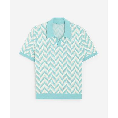 Mens V Neck Short Sleeve Rib Knit Polo Shirts Jacquard Herringbone Solid Lightweight Summer Sweater