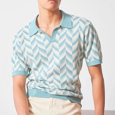 Mens V Neck Short Sleeve Rib Knit Polo Shirts Jacquard Herringbone Solid Lightweight Summer Sweater