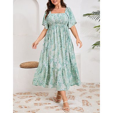 Plus Size Women's Floral Print Square Neck Summer Short Sleeve A Line Maxi Dress