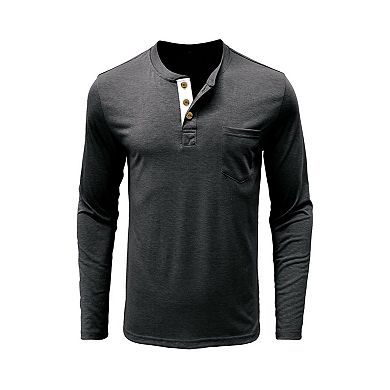 Mens Button Up Henley Crew Neck Tops Long Sleeve Casual Basic Tops with Pocket