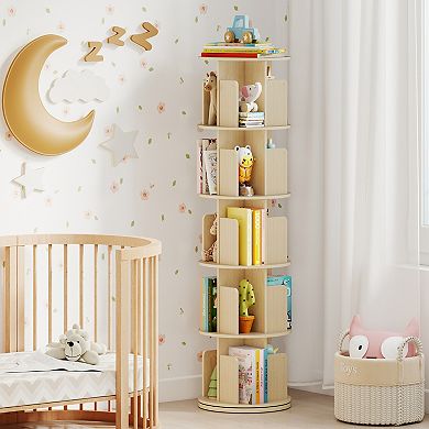 Costway 5-Tier Rotating Bookshelf 360° Display Rack with Dividers & Anti-falling Baffles