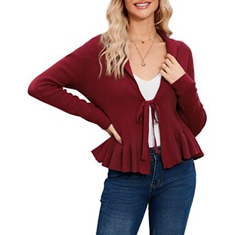 Women Casual Tie Front Cardigan Long Sleeve Ruffle Hem Collared Knit Sweater