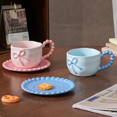 Cute Bow Coffee Mug With Saucer For Women Girl 12 Oz