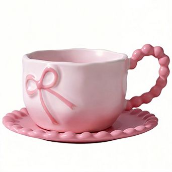 Cute Bow Coffee Mug With Saucer For Women Girl 12 Oz