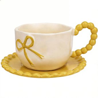 Cute Bow Coffee Mug With Saucer For Women Girl 12 Oz